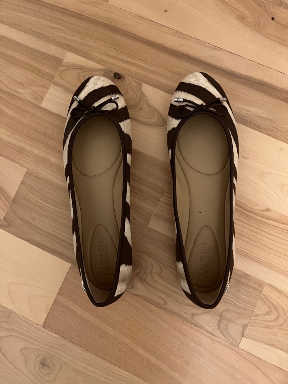 Ralph Lauren Brown and White Zebra Print Leather Ballet Flats